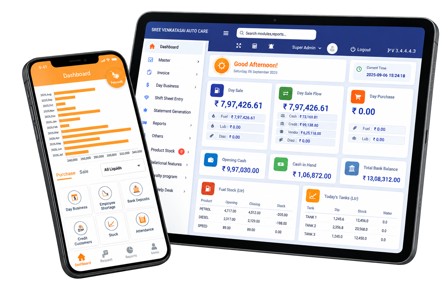Petrosoft mobile app shown on two phone screens